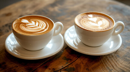 two cups of cappuccino on a wooden table