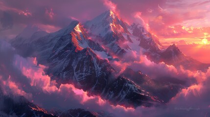 Dramatic mountain range capped with snow, clouds clinging to the peaks, sun setting in the background casting pink hues  - obrazy, fototapety, plakaty