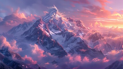 Dramatic mountain range capped with snow, clouds clinging to the peaks, sun setting in the background casting pink hues  - obrazy, fototapety, plakaty