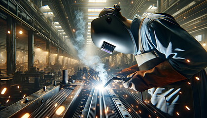 Metal welder working with arc welding machine and using mig mag welder constructions to weld steel at factory. - obrazy, fototapety, plakaty