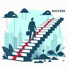 A person man on the stairs with a suitcase, the concept of success in business and finance life