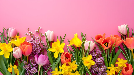 copy space card for 8th or mother's day, spring flowers on pink background with place for text