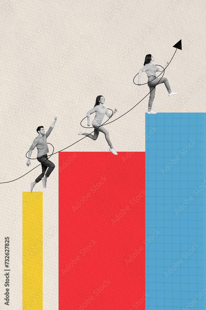 Poster magazine picture sketch collage image of purposeful workers having achieving success competition iso