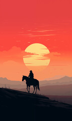 Horse rider in a beautiful arid landscape at sunset, panoramic view, vertical, illustration generated by AI 