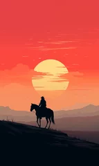 Papier Peint photo autocollant Rouge Horse rider in a beautiful arid landscape at sunset, panoramic view, vertical, illustration generated by AI 