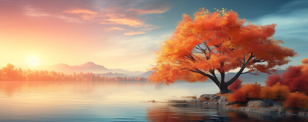 Beautiful autumn landscape at sunset light, panoramic view, illustration generated by ai