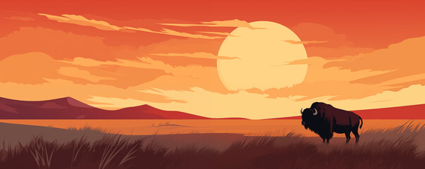 American bison on the Prairie grassland at sunset, panoramic view, illustration generated by ai
