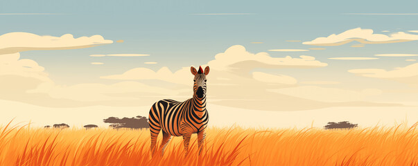 Obraz premium Zebra in the African savanna at sunset light, panoramic view, illustration generative AI
