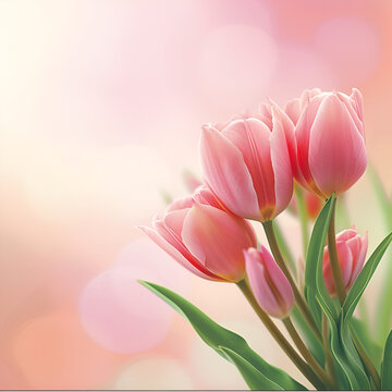 card or banner for mother's day or eighth of march on a pink background with tulips
