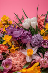 card or banner for mother's day or eighth of march on pink background with spring flowers