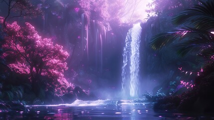 Ethereal waterfall in an otherworldly landscape, fluorescent plants lining the water's path, a fantasy scene of wonder