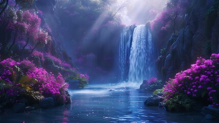 Ethereal waterfall in an otherworldly landscape, fluorescent plants lining the water's path, a fantasy scene of wonder