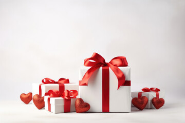 White gift boxes with red ribbon and hearts on a white background.