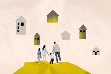 Photo artwork graphics collage painting of happy family choosing new house isolated beige color...