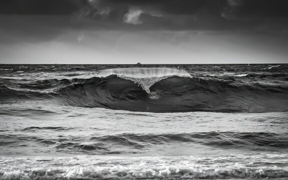 A close up of some waves in the middle of the ocean in black and white with copy space