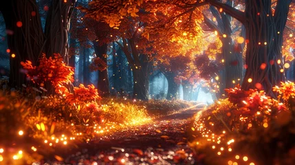 Poster Fantasy forest path lined with glowing, magical autumn trees, a mystical journey through an enchanted fall landscape © Thanthara