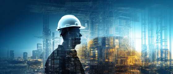 Double exposure of engineer and building construction