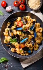 pasta Sardinian gnocchetti with mussels, tomato and parsley. on the table - obrazy, fototapety, plakaty