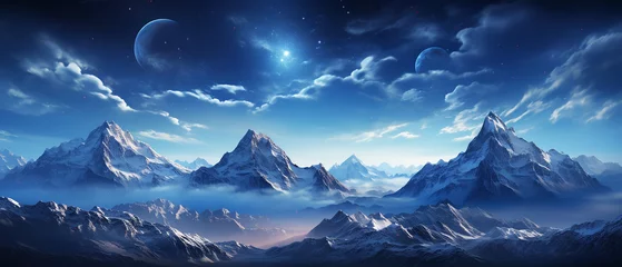 Poster Bleu Jeans Winter landscape snow mountain with night sky star