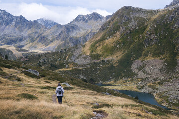 Fototapeta na wymiar Woman hiking in the Pyrenees, Andorra
