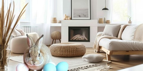 Stylish interior of living room with design modular chair, furniture, wooden coffee table, rattan decoration, dried flowers and Easter rabbit with Easter eggs.