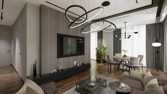 3D-render. A small apartment with a common space of living room, kitchen and dining room in a modern style.
