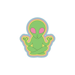 Groovy retro sci-fi hippie friendly green man alien in yoga lotus pose vector illustration isolated on white. 60s 70s 80s space galaxy universe celestial print poster postcard.