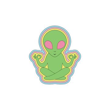Groovy retro sci-fi hippie friendly green man alien in yoga lotus pose vector illustration isolated on white. 60s 70s 80s space galaxy universe celestial print poster postcard.