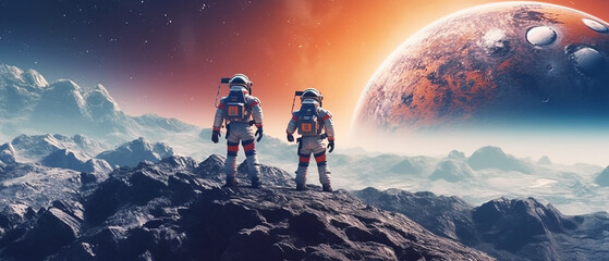 Astronaut in spacesuit standing on fantasy planet - obrazy, fototapety, plakaty