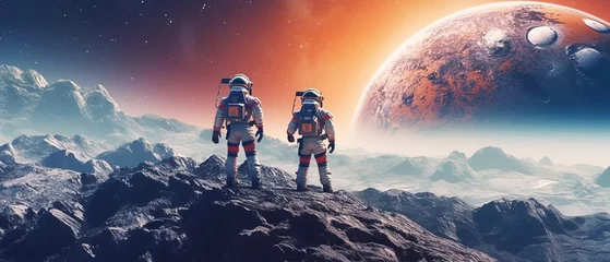 Fotobehang Astronaut in spacesuit standing on fantasy planet © Inlovehem