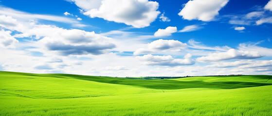 Fototapeta na wymiar Green meadow on the hill and blue sky with clouds