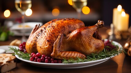 Thanksgiving Festive celebration roasted turkey on blurred bright home background