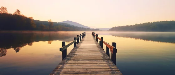 Plexiglas foto achterwand Lakeside pier with beautiful sunrise view © Inlovehem