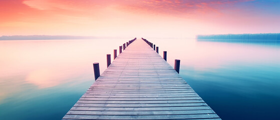 Lakeside pier with beautiful sunrise view