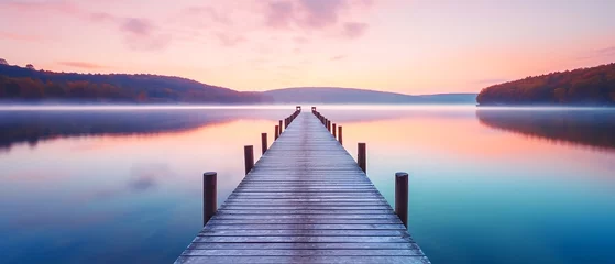 Fototapeten Lakeside pier with beautiful sunrise view © Inlovehem