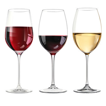 Three glasses of red and white wine isolated on transparent background