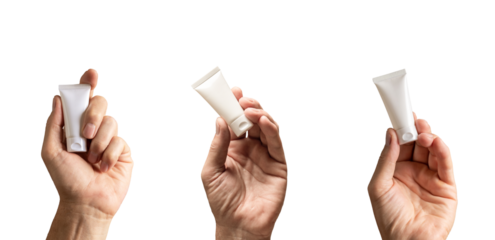 White blank cream tubes, cosmetic mockups, beauty products in mens hands set isolated on white