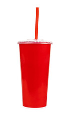 Red paper takeaway cup, soft cardboard mug with straw. Drink, soda beverage isolated on white