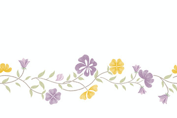 Vintage floral pattern seamless watercolour style. Ikat batik small  flower motif with leaf branch minimal design hand draw background border frame vector illustration on white background.