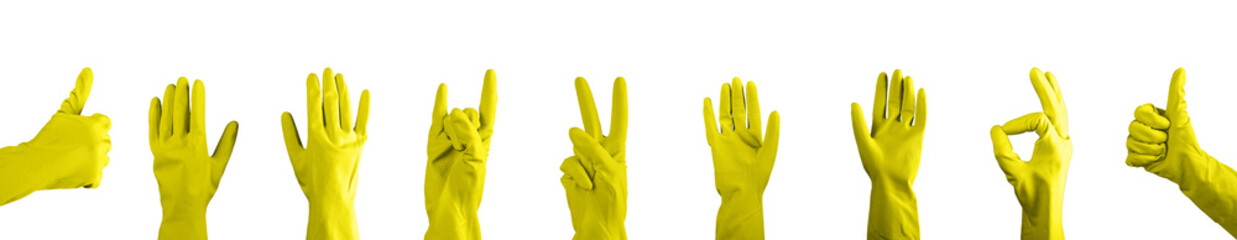 Thumb up, ok, hi, rock gestures set, hand in yellow glove isolated on white background