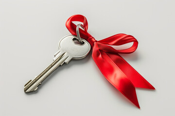Key to new apartment with red ribbon isolated on white background with space for text or...