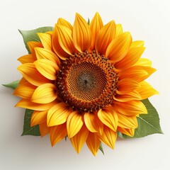 Yellow Sunflower With Green Leaves on White Background