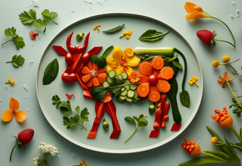A plate of various vegetables made into a cow