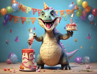 Fototapeta premium Cheerful cartoon dinosaur celebrates his birthday with a cake. Drawn with paints
