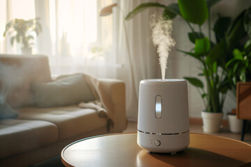 White modern air humidifier standing in the room with space for text
 - obrazy, fototapety, plakaty