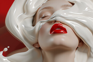 A woman's face with bright red lips is shrouded in streams of white cream