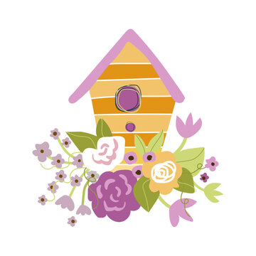 Cute cartoon clipart birdhouse.Spring vector illustration on a white background