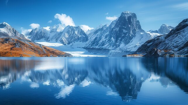 High-altitude glacial lake, pristine blue water reflecting the snow-capped mountains above, a serene and untouched wilderness