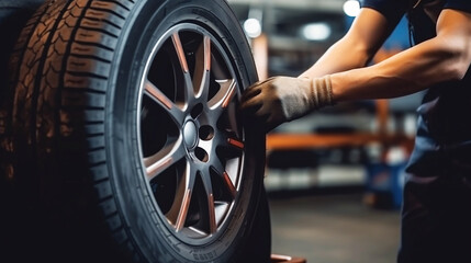 Mechanic changes new car tires in auto repair shop - obrazy, fototapety, plakaty