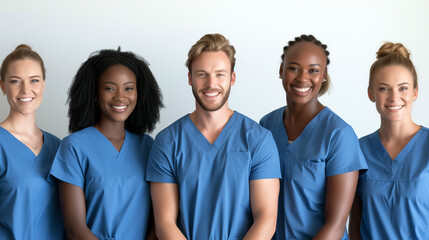 Diverse team healthcare professionals in blue scrubs - Generative AI	